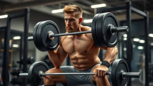 Athletic male football player performing explosive squat with heavy barbell in modern gym, intense focus, professional lighting, muscular definition visible