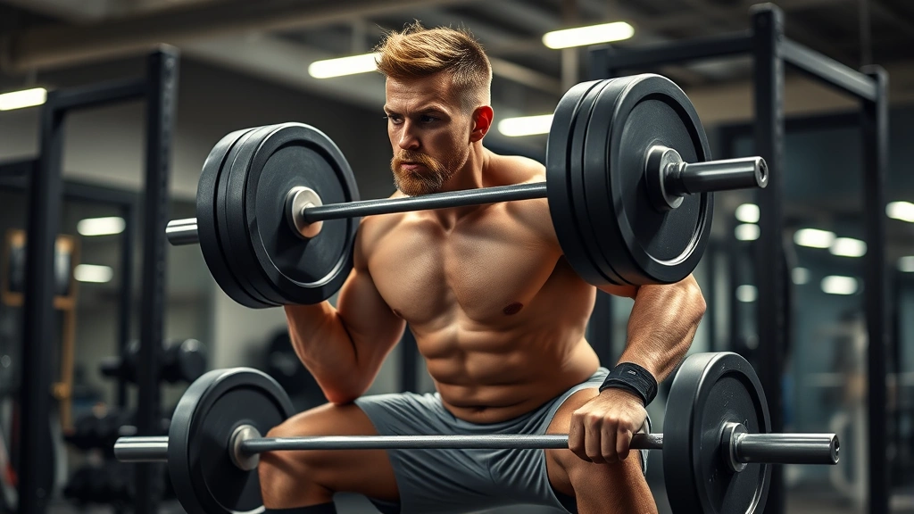 Athletic male football player performing explosive squat with heavy barbell in modern gym, intense focus, professional lighting, muscular definition visible
