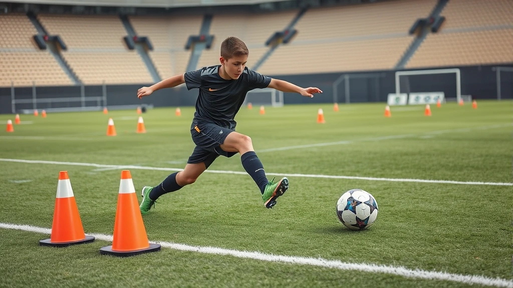 Young football player executing explosive lateral agility drill with cone setup on grass field, dynamic movement captured mid-cut, professional stadium setting