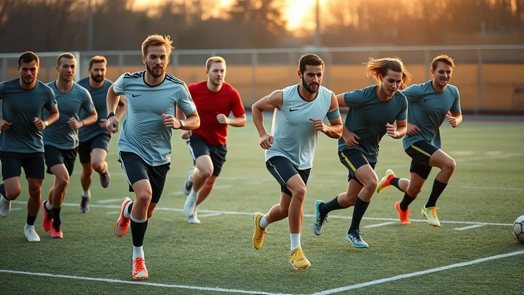 Diverse group of fit football athletes performing high-intensity sprint training on outdoor field, sweat visible, maximum effort expressions, early morning golden light