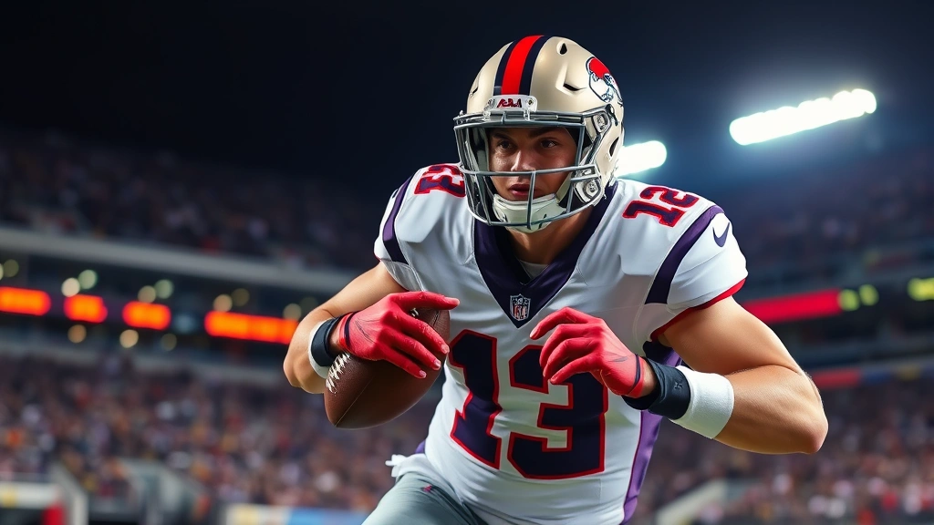 Professional football player in dynamic action pose during game, wearing team uniform with intense focus expression, stadium lights in background, high-quality sports photography