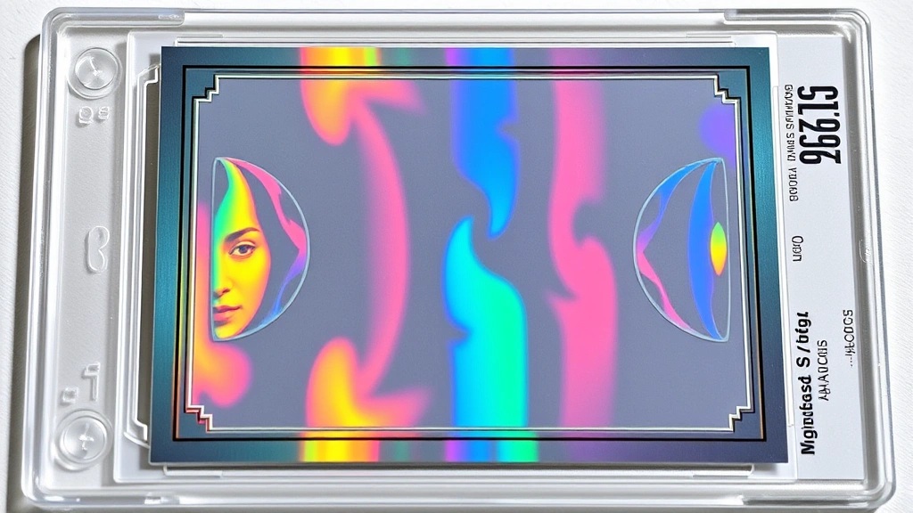 Rare holographic trading card with multi-dimensional optical effects and metallic sheen, displayed in protective case, premium card stock quality visible, professional card photography