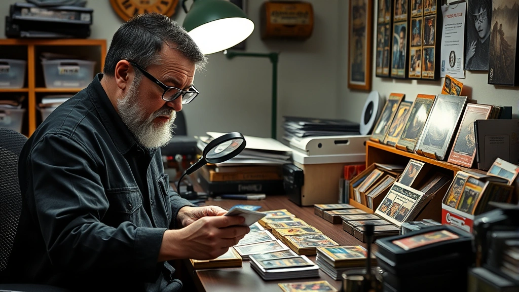 Collector examining trading cards under bright lighting at desk workspace, magnifying glass in hand, organized card storage boxes visible, serious evaluation expression