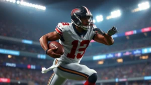Professional football player in action mid-game, dynamic motion capture, stadium lights, NFL uniform, realistic sports photography style