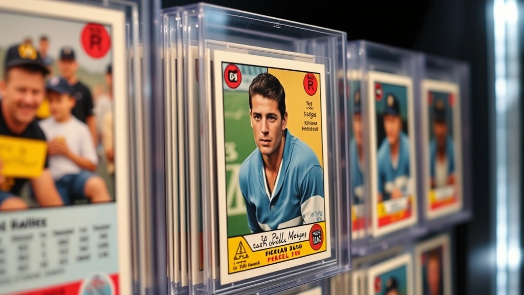 High-grade sports card collection displayed in protective cases, close-up of card details showing player image and statistics, professional lighting, collectible presentation