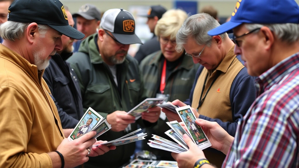 Diverse group of collectors examining football cards at a trading show, focused examination of card details, genuine collector engagement, natural lighting environment