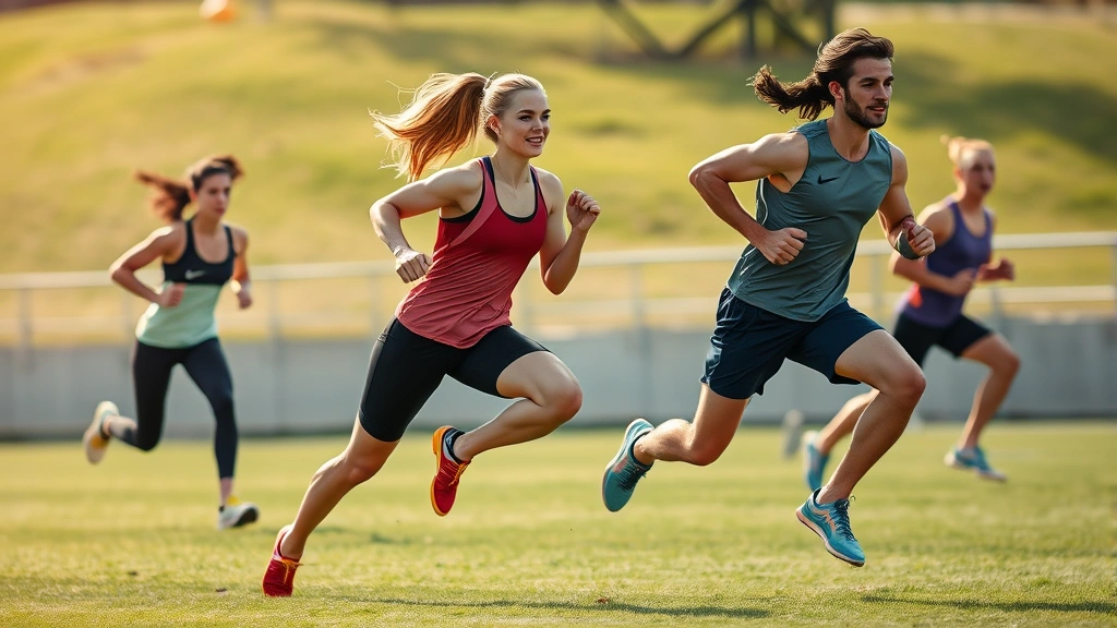 Female and male athletes sprinting at high intensity on outdoor grass field during interval training, athletic wear, explosive movement captured mid-stride
