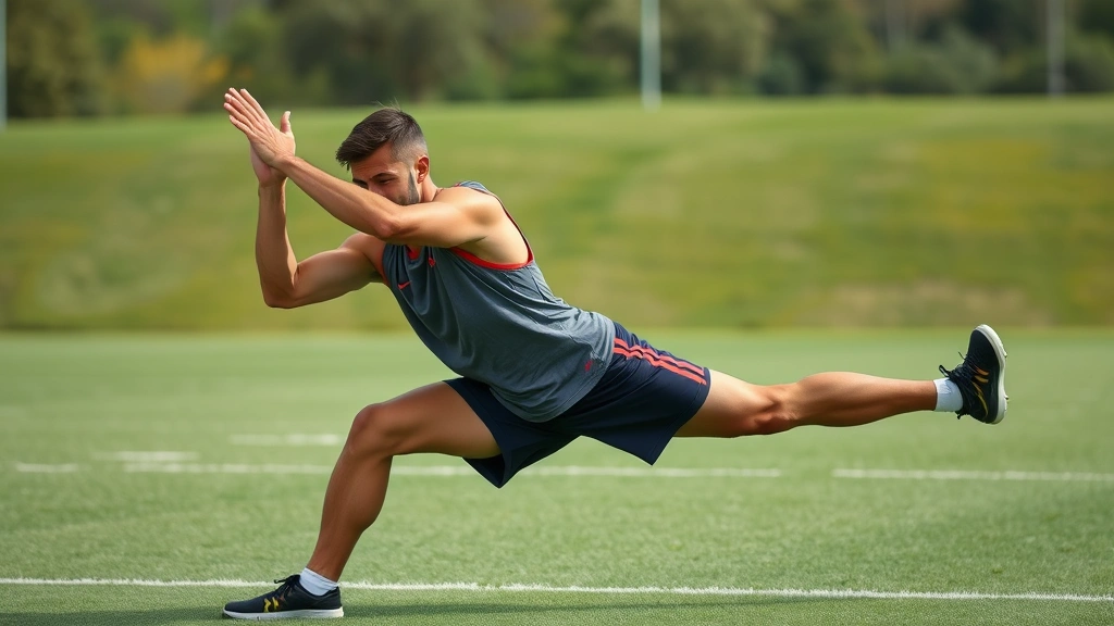 Athlete performing dynamic warm-up stretching routine on training field, demonstrating flexibility work with proper form, natural outdoor setting