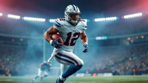 Professional football player in action wearing NFL uniform, mid-stride during game, dynamic motion photography, stadium lights background, photorealistic sports photography