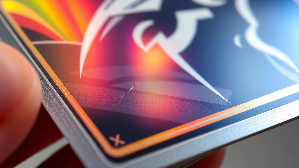 Close-up of premium sports trading card with chrome refractor finish showing prism light effects, held at angle to display rainbow refraction, detailed card stock texture visible