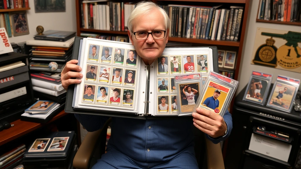 Collector displaying organized card collection in professional storage binders, archival sleeves, graded cards in protective cases, organized by player and team, hobby room setting