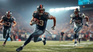 Professional running back in action during game, explosive cut move with defenders approaching, stadium lights, dynamic athletic motion, high-speed capture