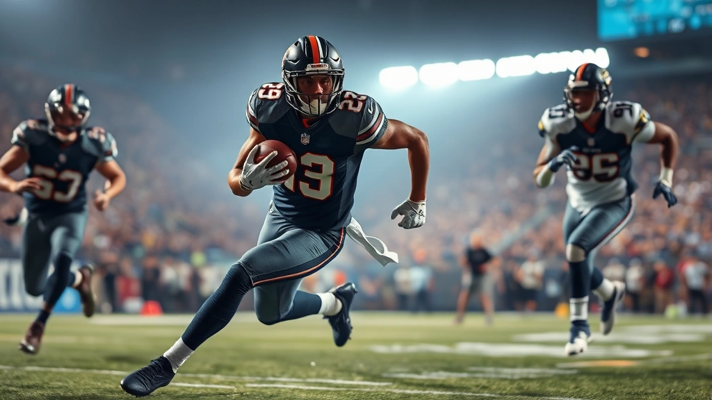 Professional running back in action during game, explosive cut move with defenders approaching, stadium lights, dynamic athletic motion, high-speed capture