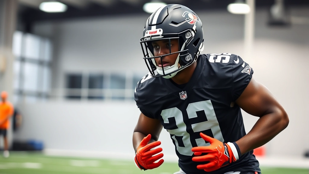 NFL running back training session, intense workout focus, agility drill or conditioning work, modern facility, athletic intensity and determination visible