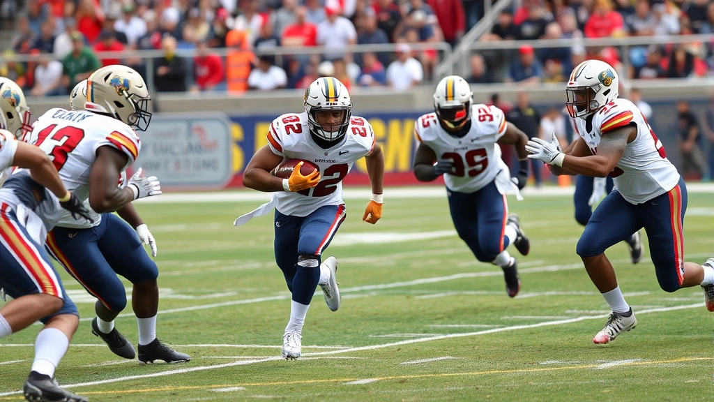 Running back in game situation, receiving handoff or in backfield, offensive linemen blocking downfield, team colors visible, competitive game moment