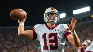 High school football quarterback in game action, throwing a pass during playoff game, stadium lights in background, intense focus and concentration visible, photorealistic action shot