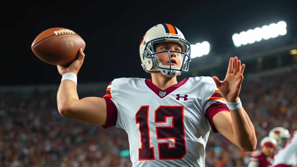 High school football quarterback in game action, throwing a pass during playoff game, stadium lights in background, intense focus and concentration visible, photorealistic action shot