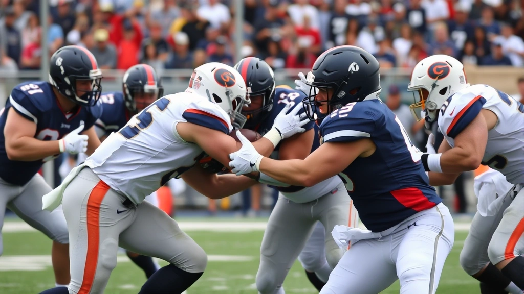 Football defensive line players executing gap control and tackling technique during competitive game, multiple players engaging blockers, physical intensity and discipline demonstrated