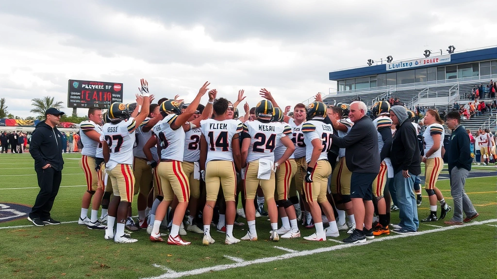 Championship-caliber high school football team celebrating on field after playoff victory, emotional celebration moment, players and coaches together, stadium setting with fans visible in background