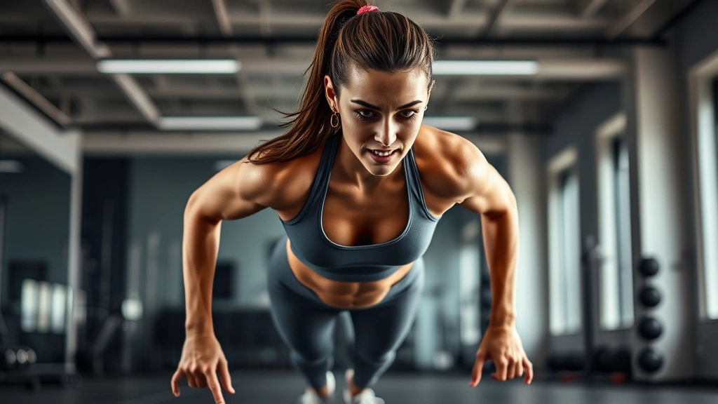 Athletic woman performing burpees with explosive intensity in modern gym, sweat droplets visible, focused expression, bright studio lighting, high-energy motion capture