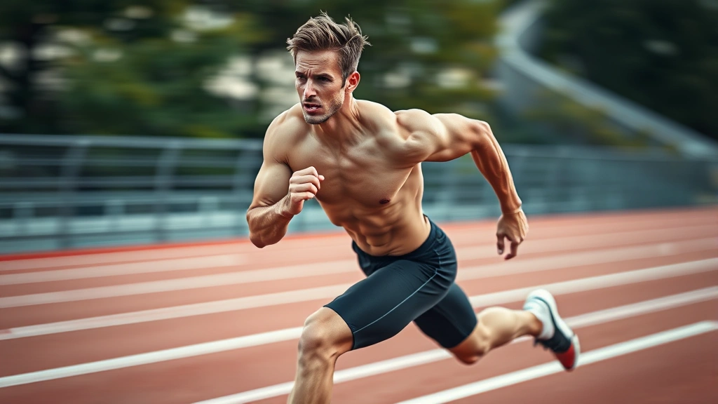 Fit male athlete sprinting full-speed on track with determined expression, muscles engaged, dynamic motion blur background, professional sports photography style