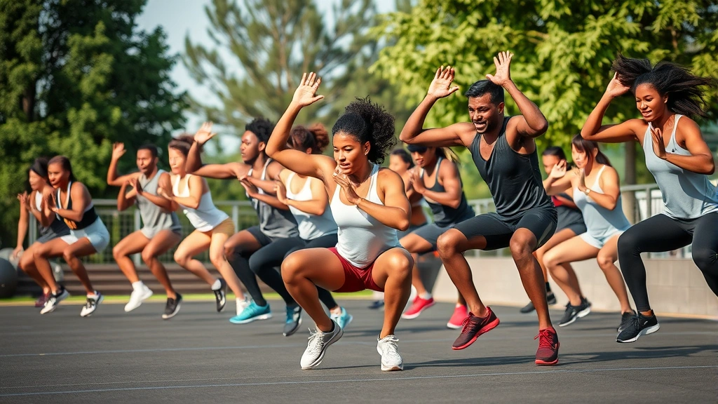 Mixed group of diverse athletes performing jump squats simultaneously in outdoor setting, high intensity effort visible, natural daylight, motivational group energy dynamic