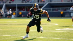 Muscular football player in Iowa Hawkeyes uniform performing explosive lateral agility drill on grass field, athletic intensity captured mid-movement, stadium backdrop visible