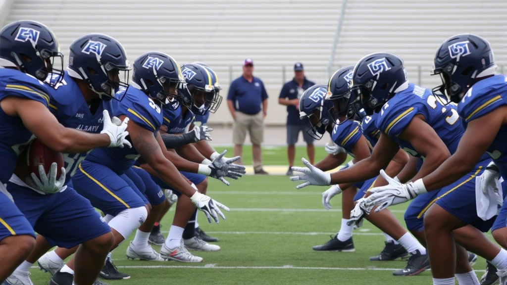 College football players in Albany State uniforms executing a defensive formation during intense practice, showcasing proper technique and focused intensity with coaching staff observing in background