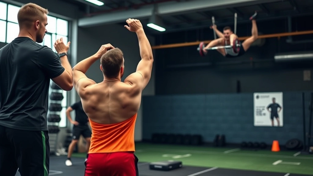 Strength and conditioning coach working with football athletes performing explosive plyometric training in modern facility, demonstrating power development exercises with proper form