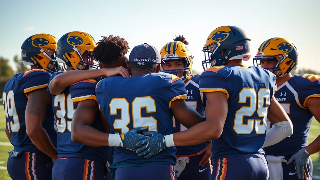 Team huddle moment showing diverse college football players in Albany State gear connecting emotionally, illustrating brotherhood and team culture that drives program success