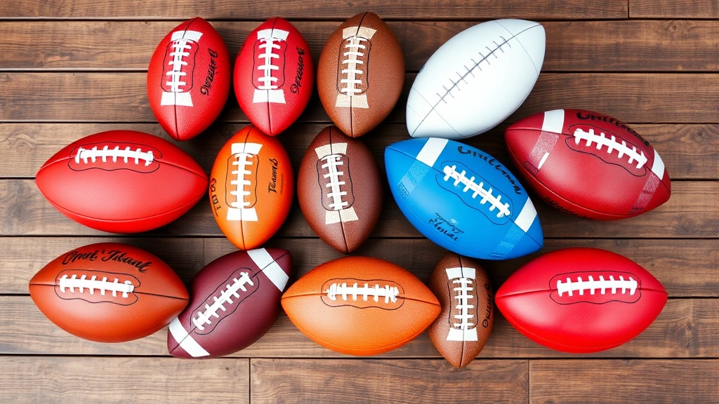 Multiple different American footballs arranged on wooden surface showing various colors and materials, synthetic and leather options side by side comparison