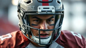 Professional football player wearing advanced protective helmet during intense training drill, close-up of helmet design and ventilation system, photorealistic action shot