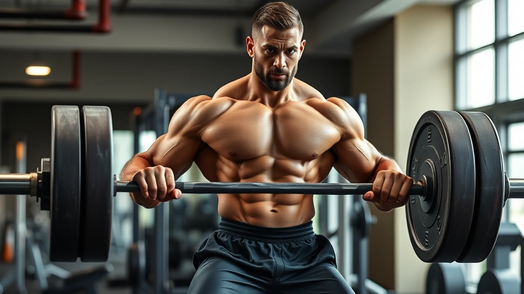 Muscular man executing deadlift with perfect form, loaded barbell, gym environment, concentrated expression, strong physique showcasing muscle definition