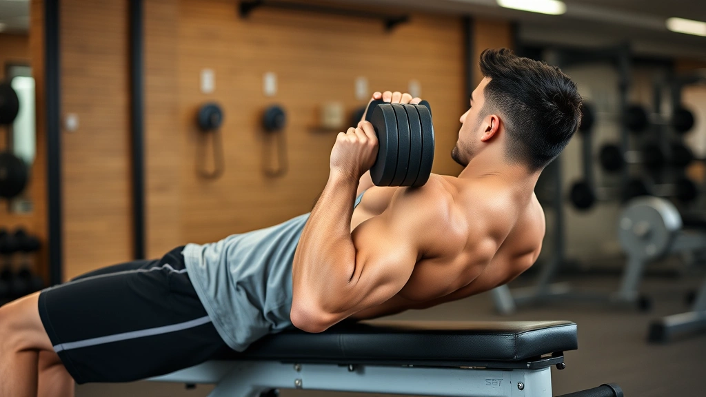 Fit person doing dumbbell bench press on sturdy bench, controlled movement, gym background, healthy athletic build, professional fitness photography