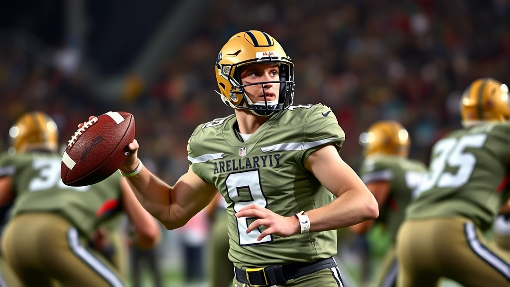 Professional college football quarterback in Army uniform executing triple-option read during live game, focused expression, proper footwork in pocket, stadium lights bright