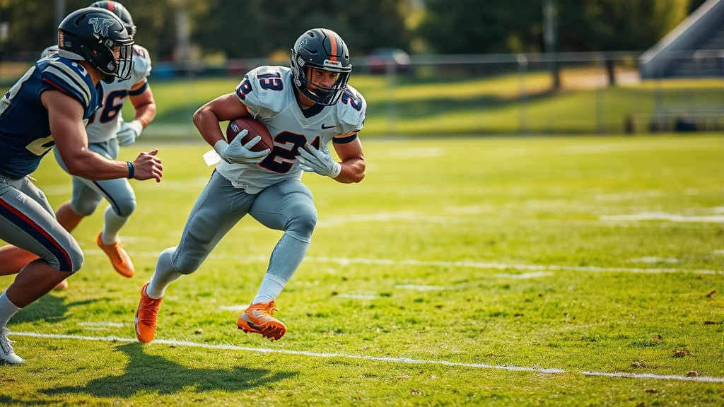 Elite college football running back breaking through defensive line with powerful leg drive, evading tackler, football secure in hands, grass field visible