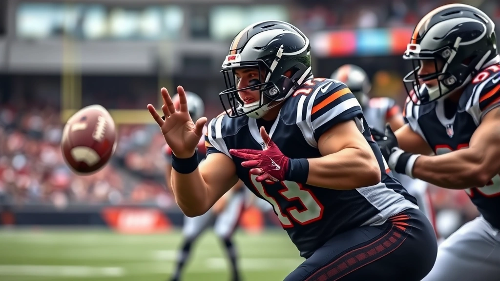 Defensive lineman in aggressive gap control position, hands up defending pass, focused on quarterback, stadium background blurred, athletic positioning