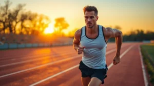 Athletic male runner in motion on outdoor track at sunset, intense focused expression, muscular build, professional sports photography, golden hour lighting, motion blur effect, clean athletic wear
