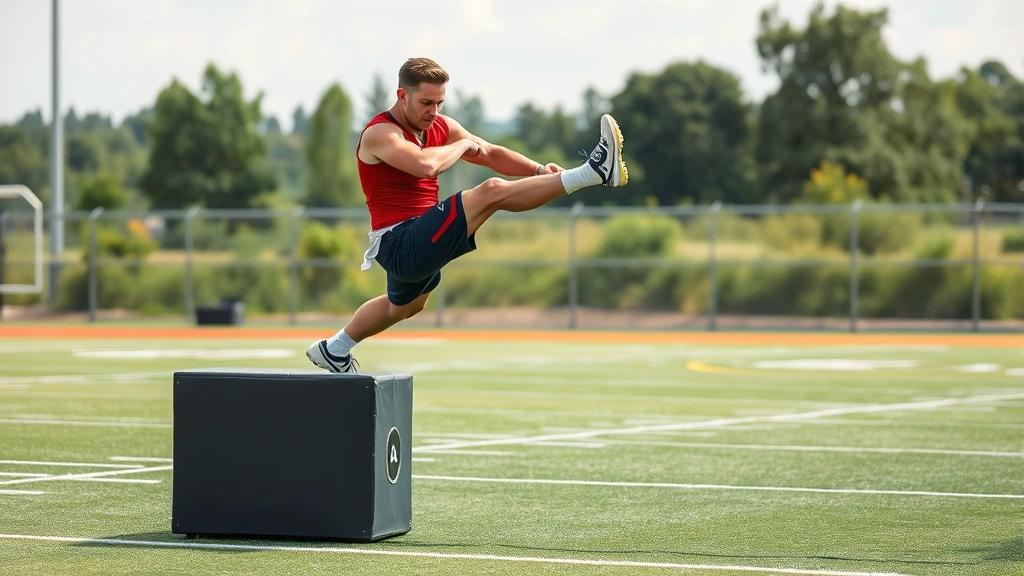 Athletic male football player in practice uniform performing explosive box jump on black box, powerful leg drive, muscular definition, outdoor field setting, dynamic motion