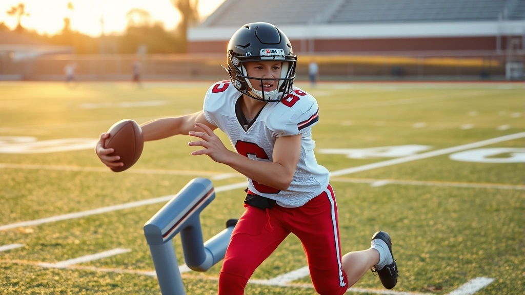 Young football receiver in mid-route running drill, making sharp cut, focused expression, professional football field with yard markers, morning sunlight, athletic wear