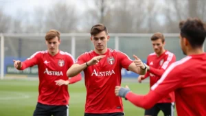 Professional football players in Austrian national team red jerseys executing precise passing drill on training pitch, focused faces showing concentration during possession-based practice session
