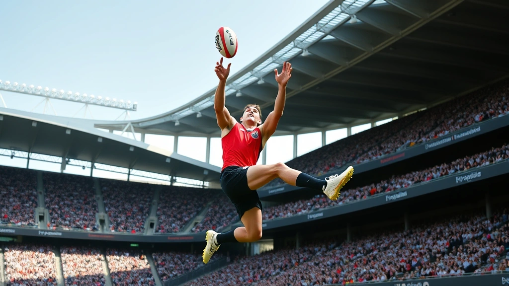 Action shot of Australian Rules Football player marking the ball mid-air against crowd-filled MCG stadium in bright daylight, dynamic athletic movement, packed grandstands visible