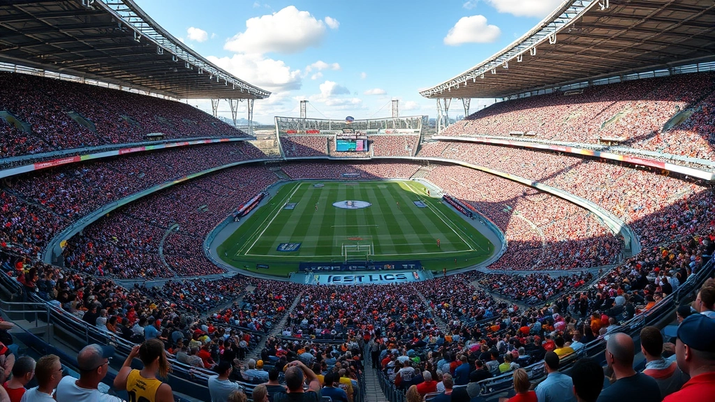 Wide aerial view of packed stadium during AFL match with thousands of spectators in seats, colorful team colors throughout crowd, field action in center frame