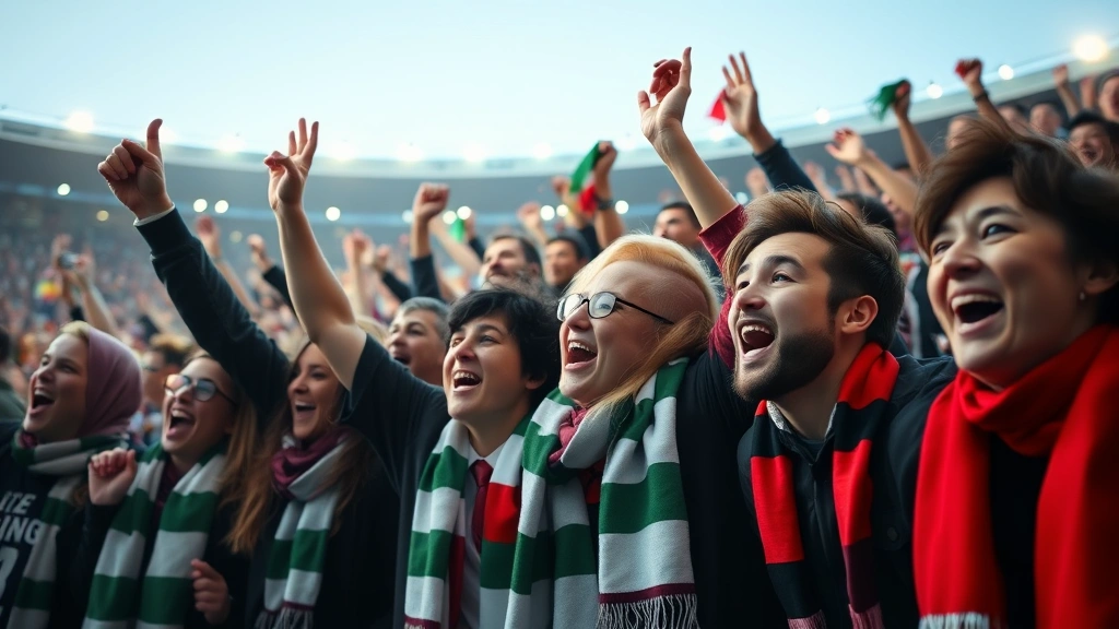 Close-up of enthusiastic supporters celebrating at stadium, diverse crowd demographics, passionate fan expressions, vibrant team scarves and merchandise visible