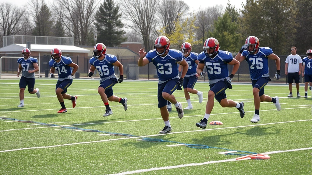 High school football players performing agility ladder drills with explosive footwork, showing quickness and body control during warm-up training session
