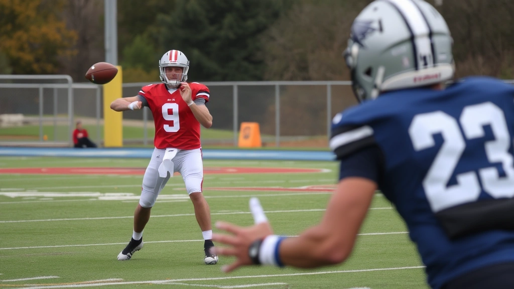 Quarterback throwing football to receiver running precise route during competitive one-on-one drill with proper footwork and hand positioning