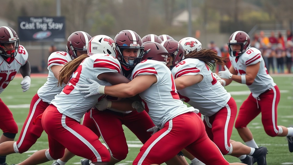 Football team executing full-speed contact drill with intense competitive energy, players demonstrating proper tackling form and game-realistic intensity