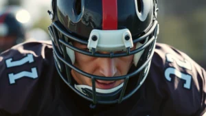 Professional football player wearing protective helmet during intense practice session, sweat visible, focused expression, outdoor field lighting, action pose demonstrating head positioning