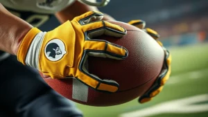Close-up of athlete's hands wearing premium football gloves gripping a football during intense game action, sweat visible, stadium lighting in background, dynamic catching motion