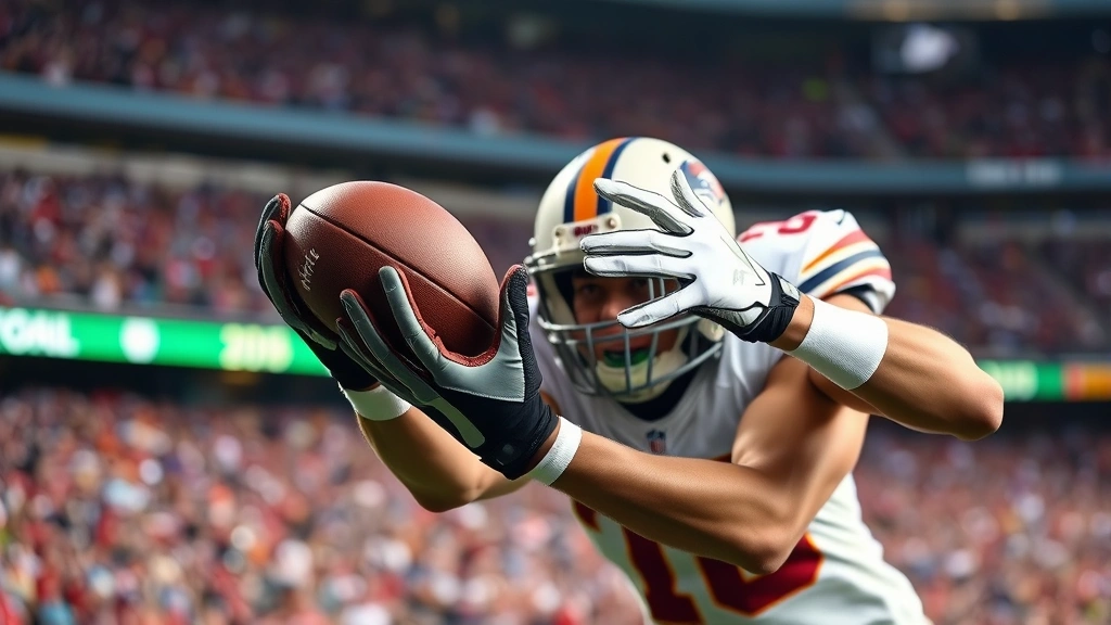 Professional football player mid-catch wearing high-performance gloves, ball making contact with glove surface, action shot during competitive game with stadium crowd blurred behind